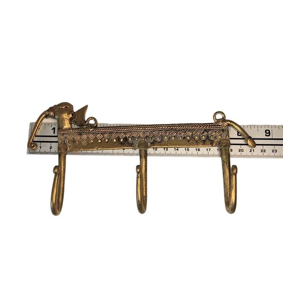 Vintage Brass Elephant Wall Key Hook Holder Dhokra Art Three Hooks  8.5" x 4" - Picture 12 of 13